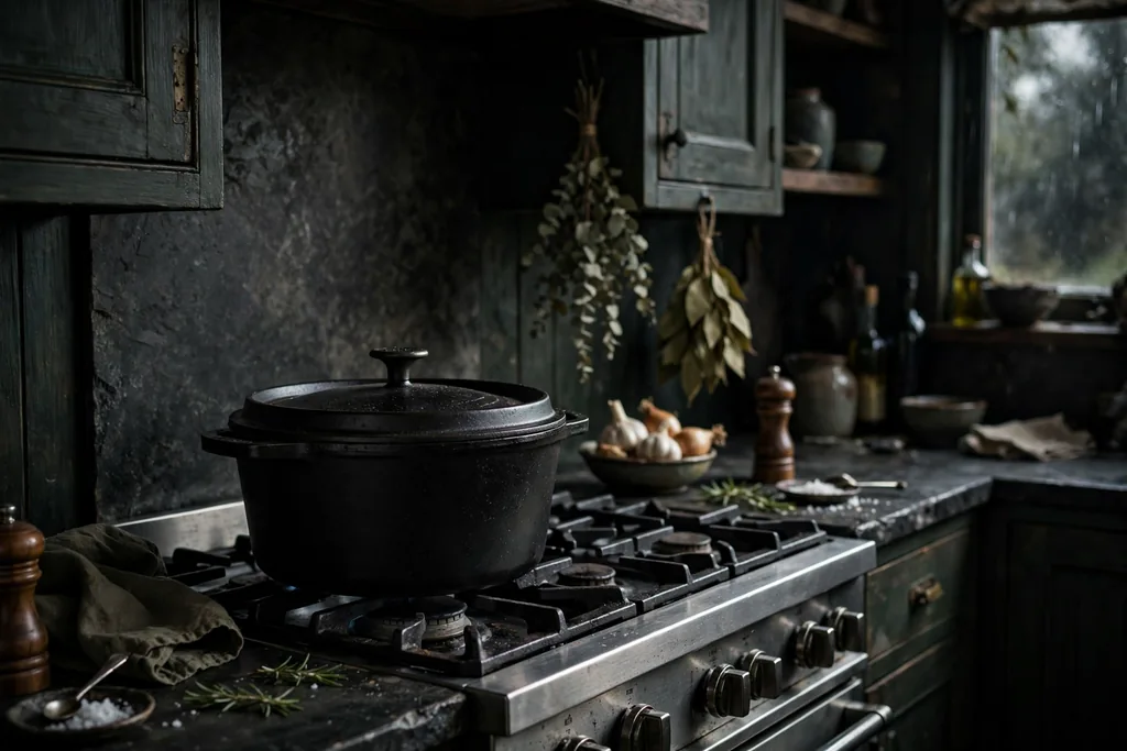 Black Dutch oven on a stove in a moody kitchen.