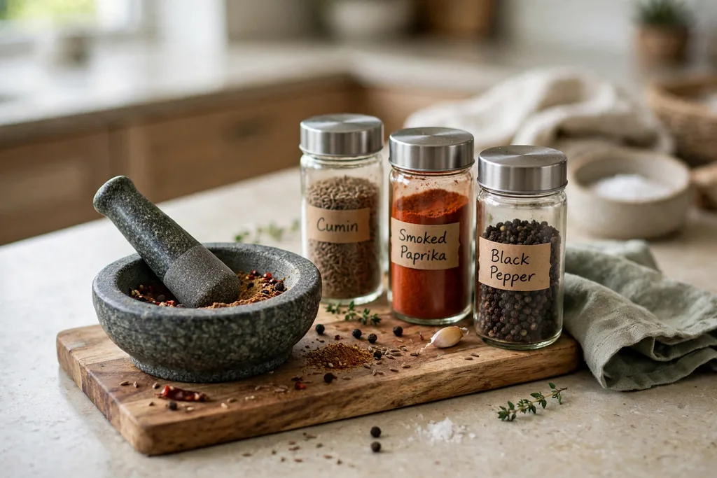 Mortar and pestle on a small board with spice jars on a kitchen counter.
