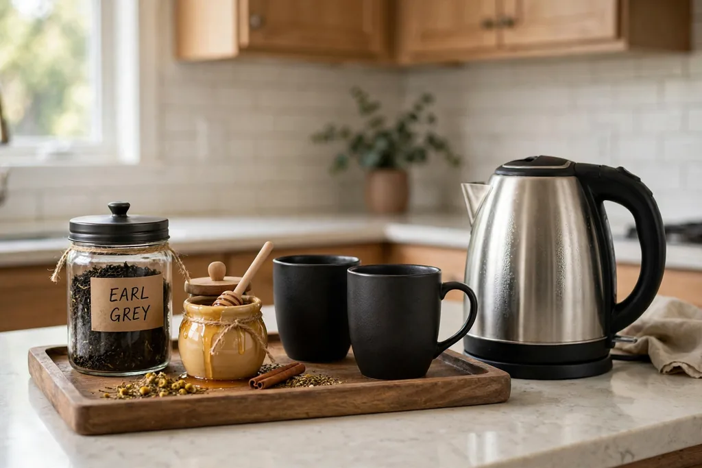 Tea station tray with dark mugs, a tea jar, and a honey pot near a kettle.