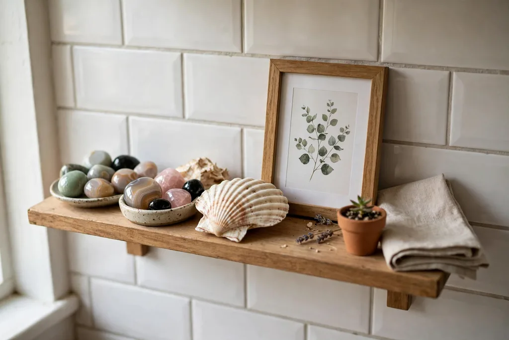 Small kitchen shelf with polished stones, a shell, and a framed picture.