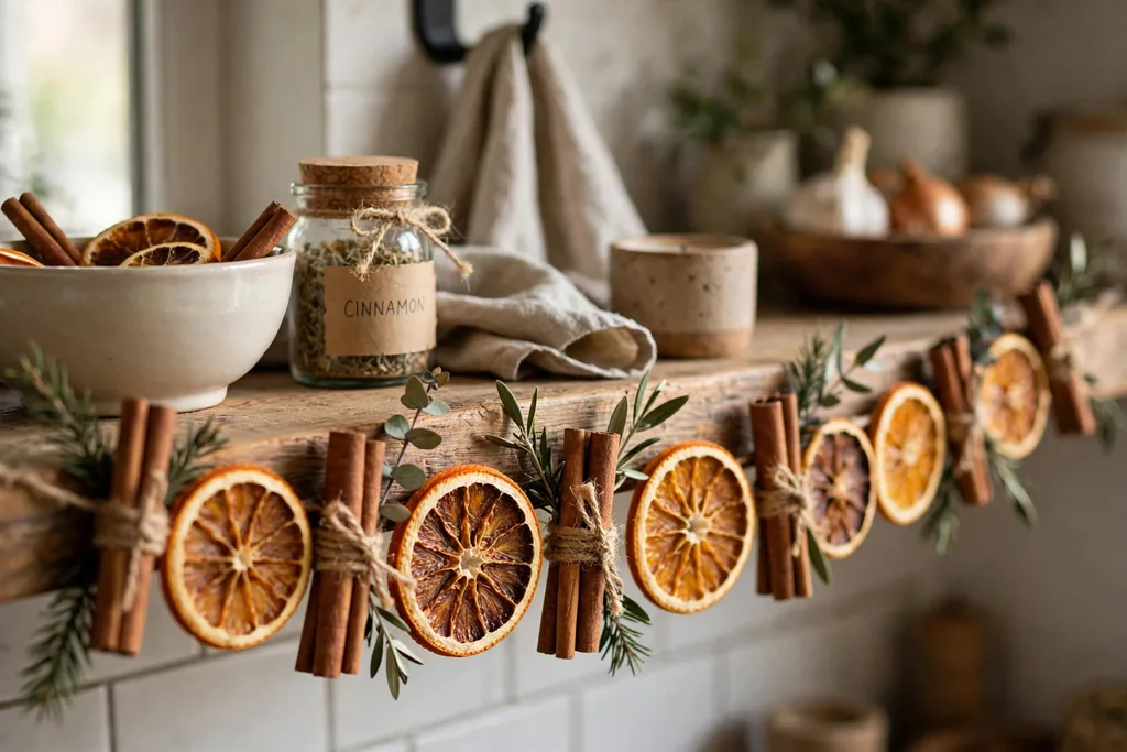 Dried orange slice and cinnamon garland along a kitchen shelf edge.