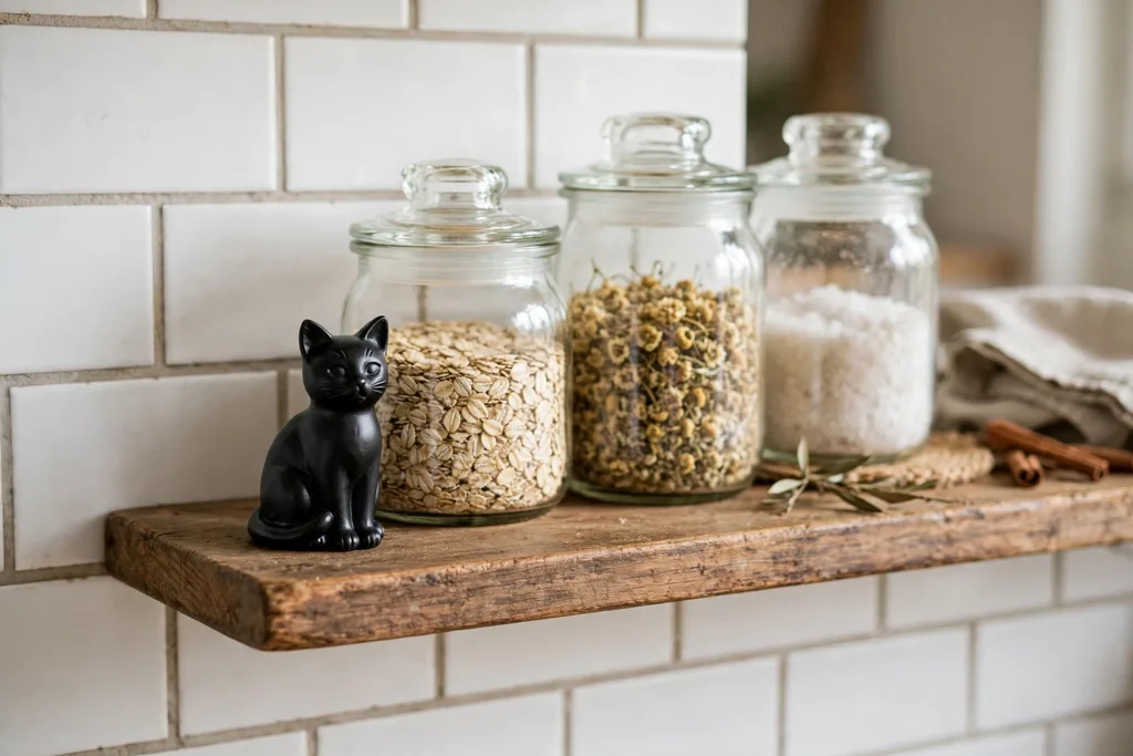 Small black cat figure on a kitchen shelf beside jars.