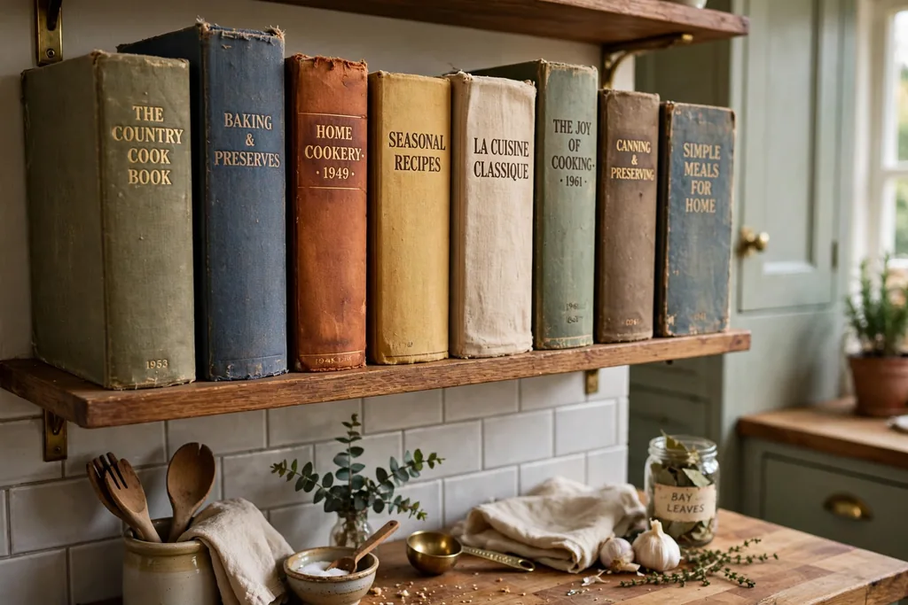 Shelf of vintage cookbooks with cloth covers in a kitchen.