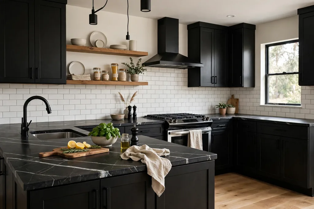 Kitchen with a dark stone-look countertop with pale veining and black cabinets.