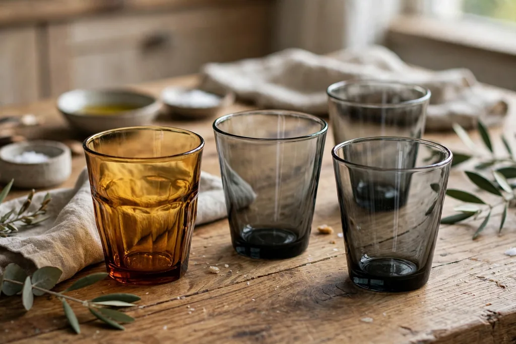 Amber and smoked drinking glasses on a wooden kitchen table.