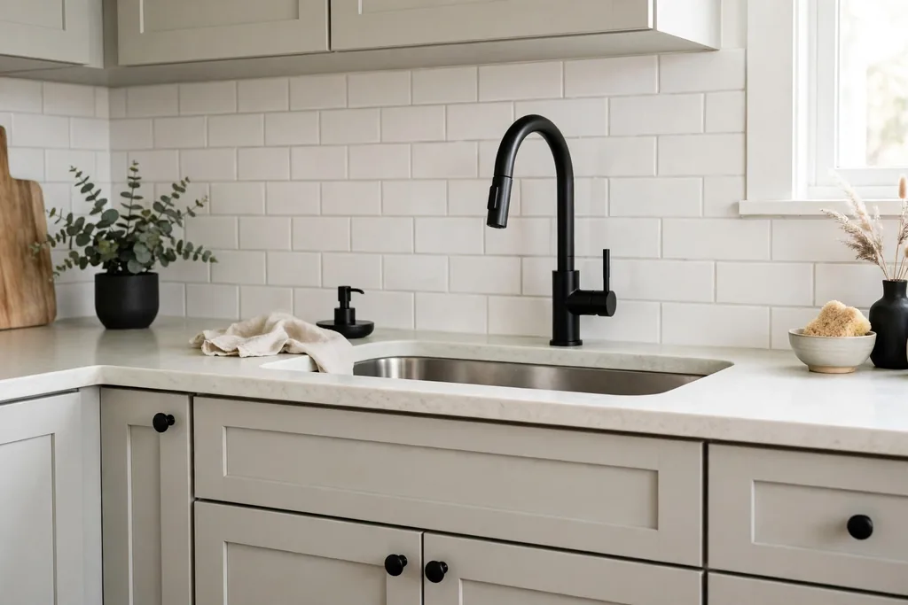 Kitchen sink with a matte black faucet, black knobs, and a pale counter.