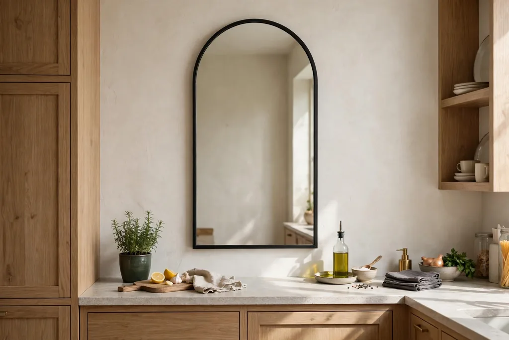 Tall arched mirror in a black frame above a kitchen side counter.