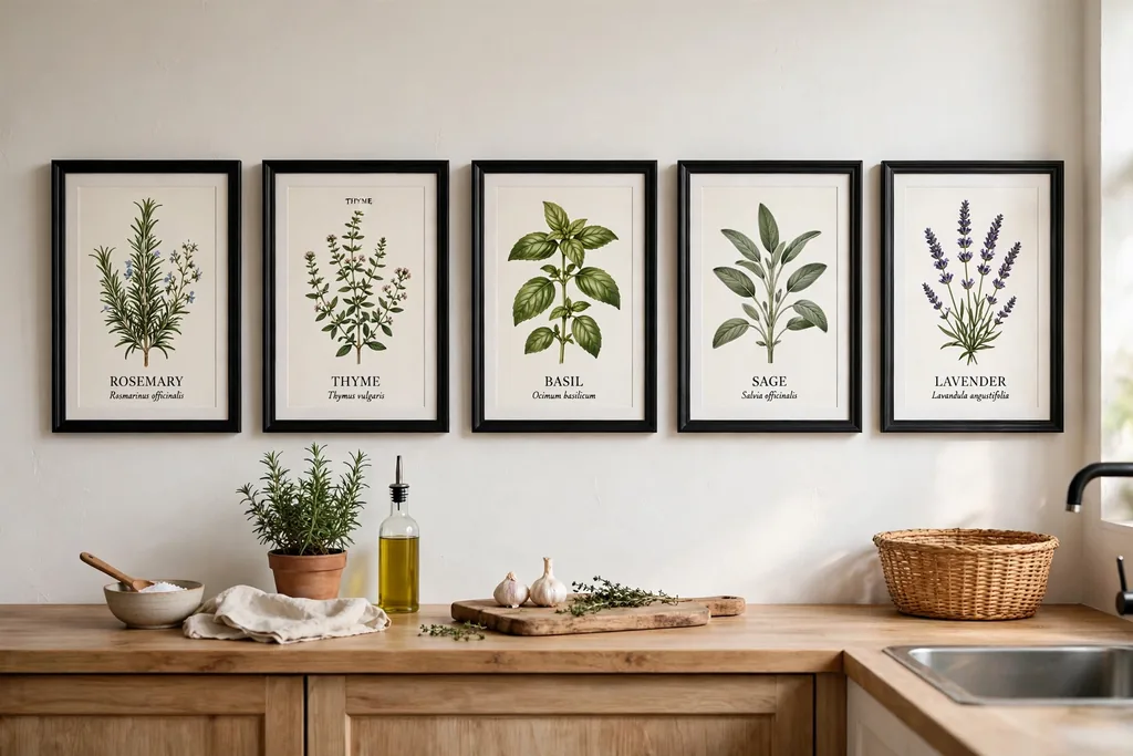 Botanical herb prints in black frames hung in a row on a kitchen wall.