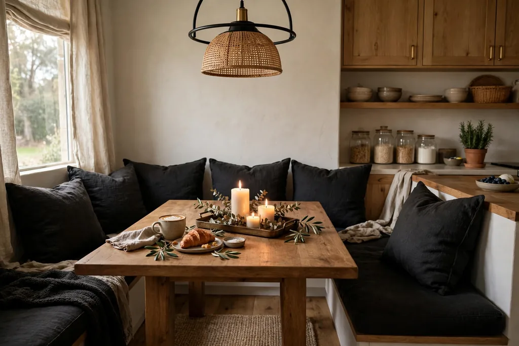 Cozy kitchen breakfast nook with dark cushions, a wood table, and a candle tray.