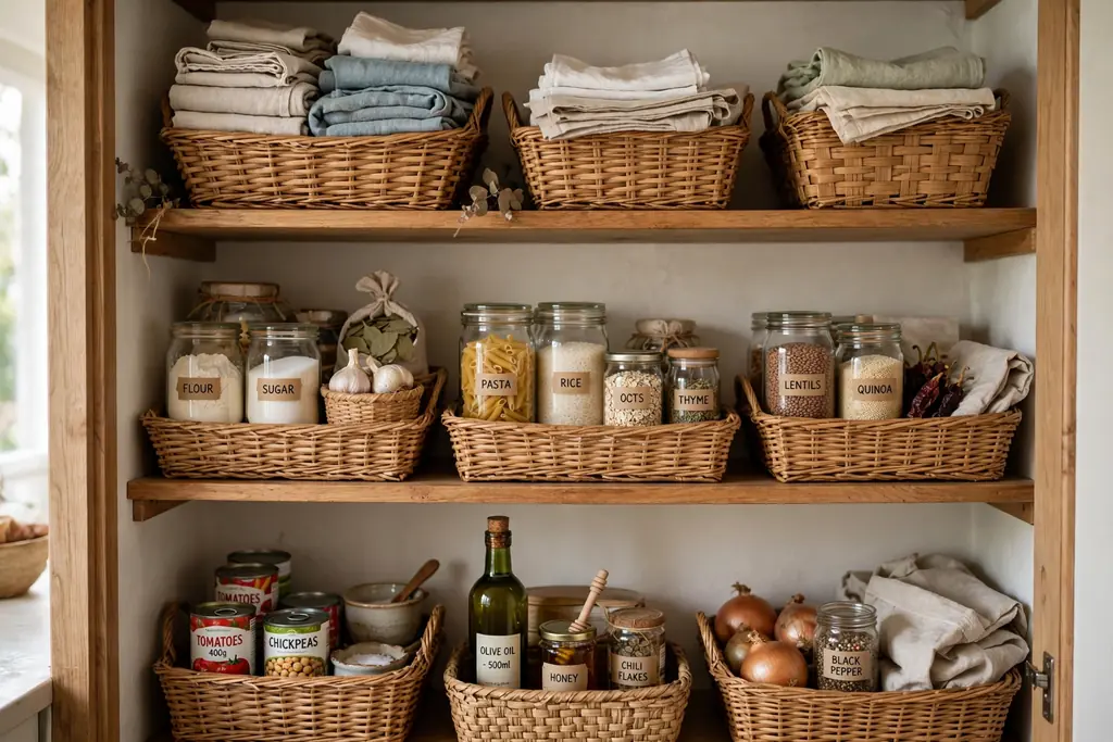 Woven baskets on kitchen pantry shelves holding linens and pantry goods.