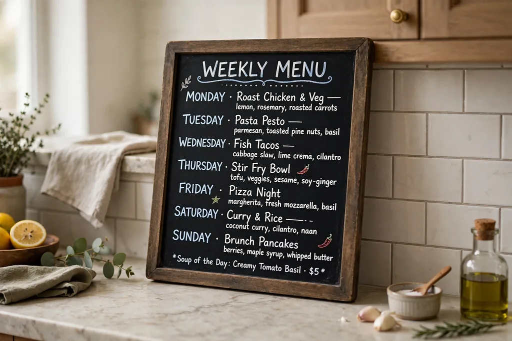 Small chalkboard menu board leaning on a kitchen counter with a weekly menu.