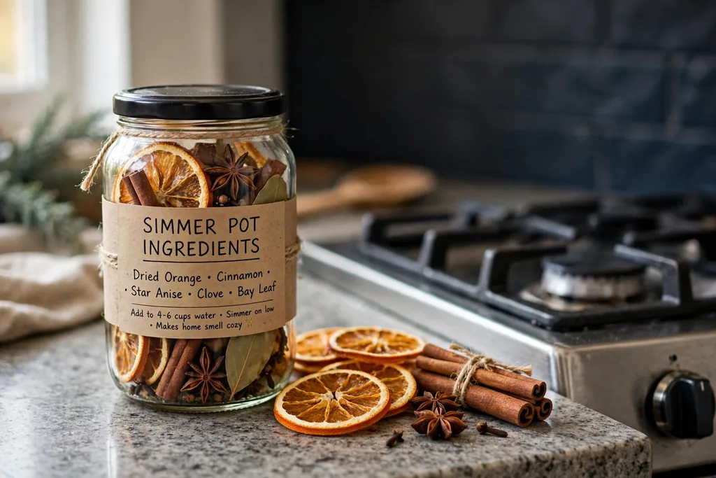 Labeled jar of simmer pot ingredients with dried orange slices and cinnamon by a stove.
