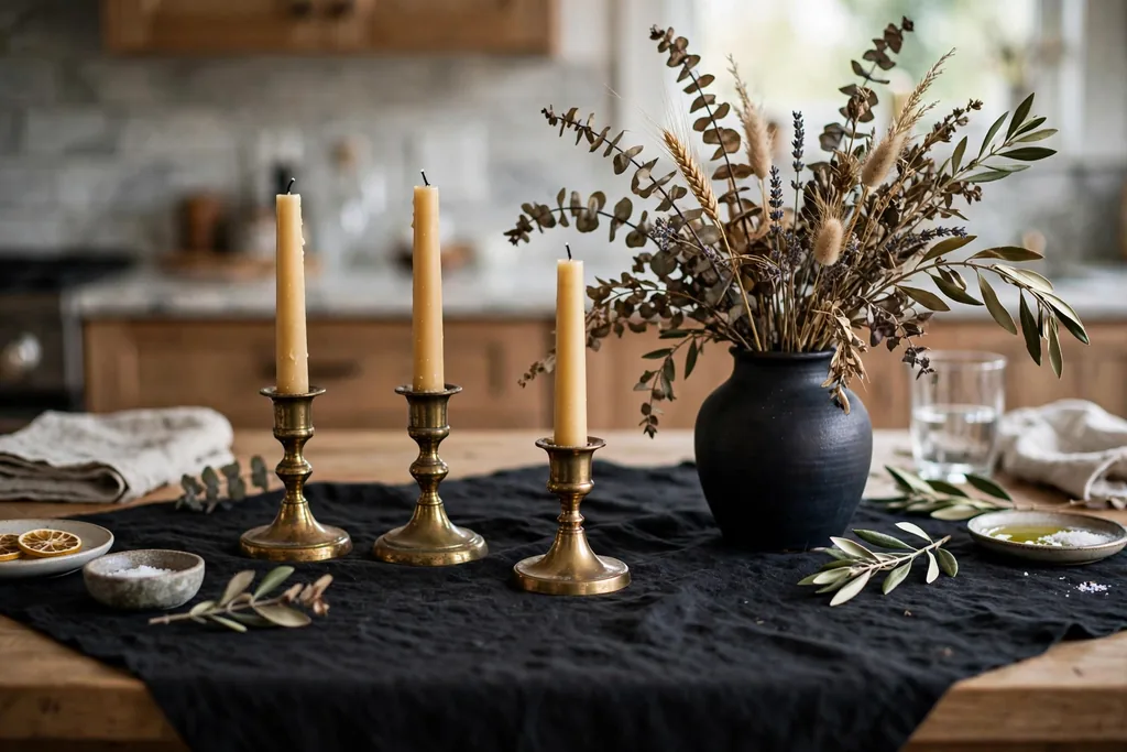 Kitchen table set with black linen, brass candle holders, and dried stems in a dark vase.