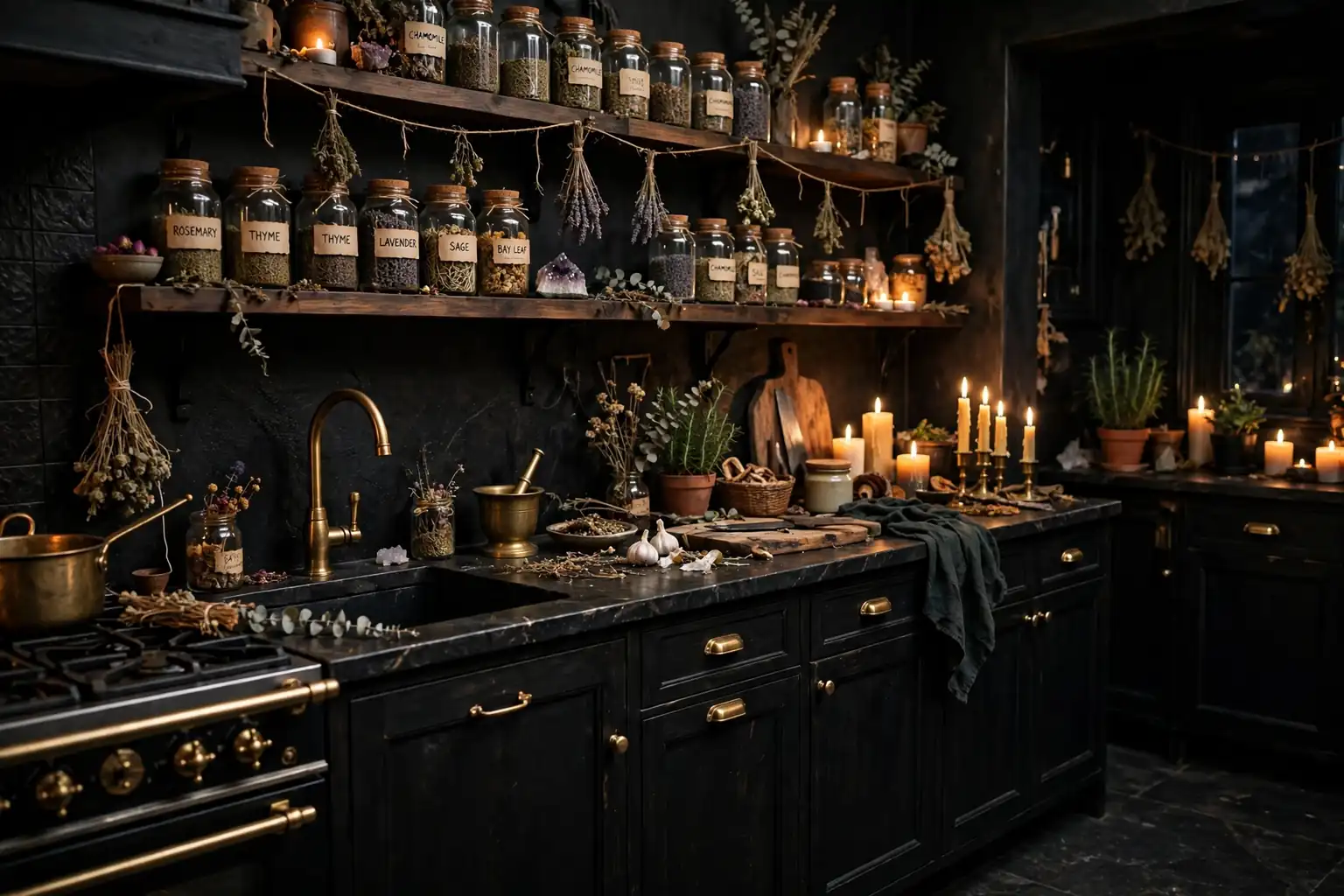 Moody witchy kitchen with black cabinets, brass details, herb jars, and warm candlelight.