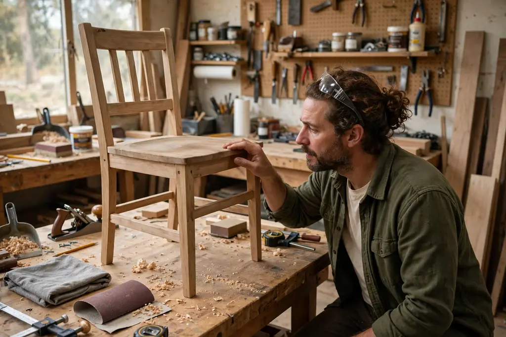 Person examining the grain and finish of a bare wood chair in a workshop.