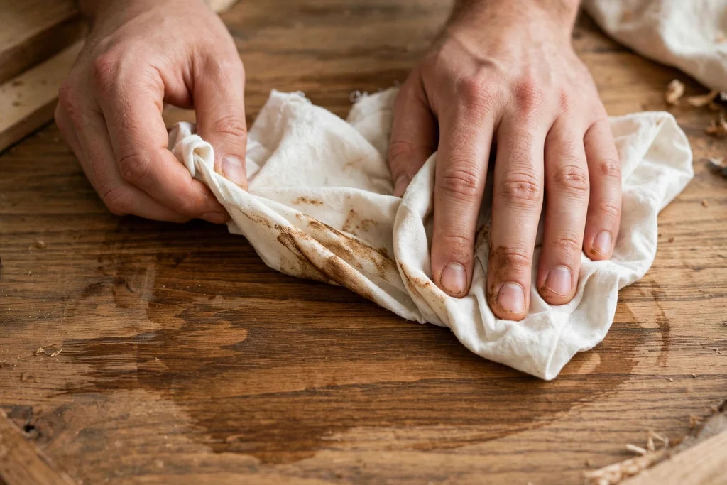 Hands wiping excess stain off a wood tabletop with a cotton rag.