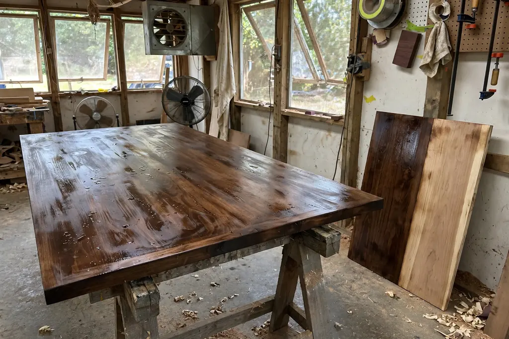Stained wood tabletop drying in a ventilated workshop beside a sample board.
