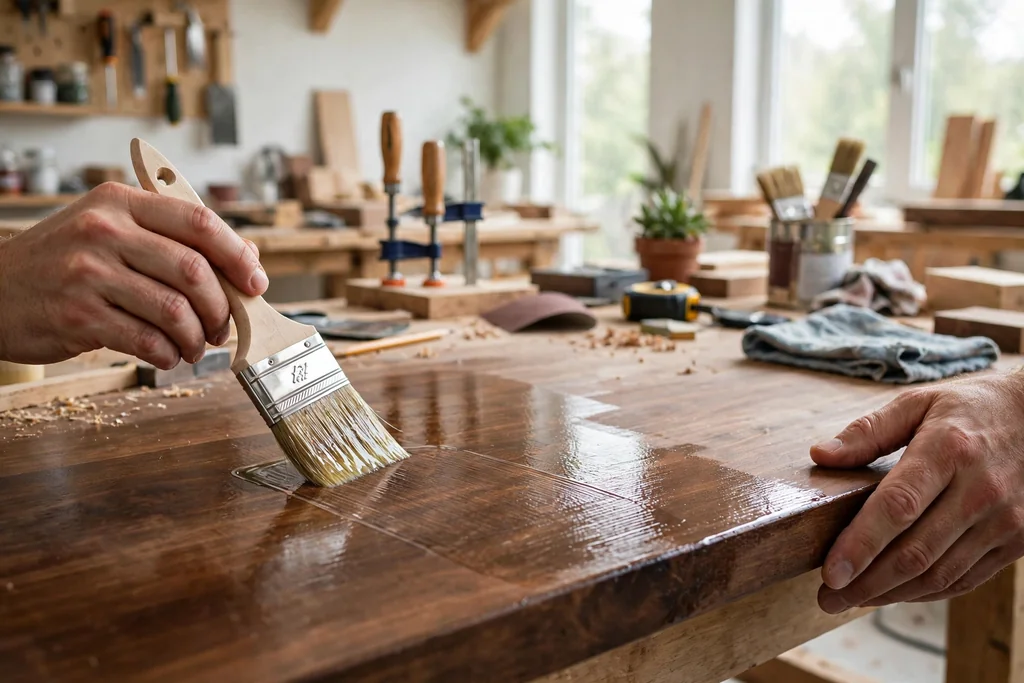 Hands brushing a clear topcoat onto a stained wood tabletop in a workshop.