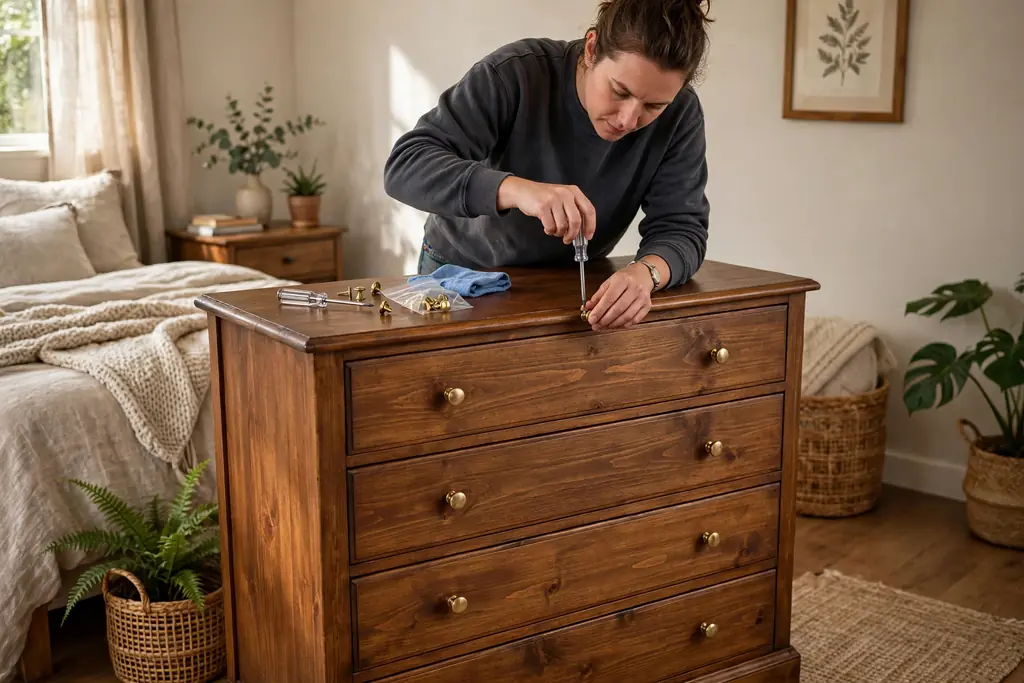 Person refitting a knob onto a finished stained wood dresser in a bedroom.