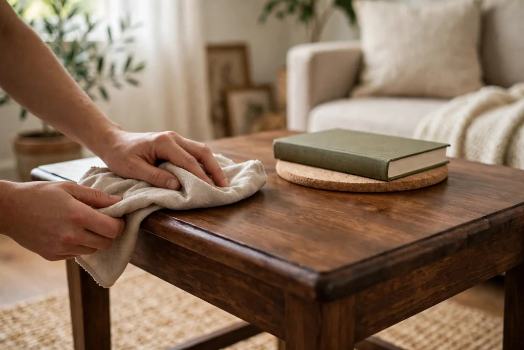 Hands dusting a finished stained wood side table with a soft cloth in a living room.