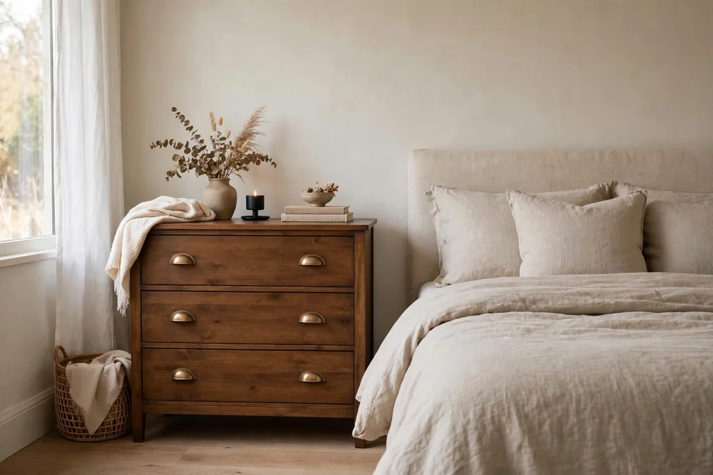 Wood dresser with a medium stain tone beside a bed with neutral bedding.