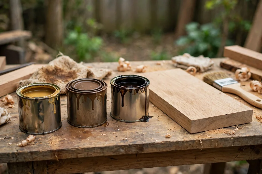 Three cans of wood stain types on a workbench beside a wood board.