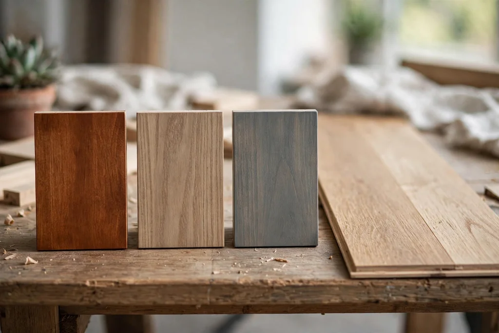 Wood sample boards in warm, cool, and neutral stain tones on a table.