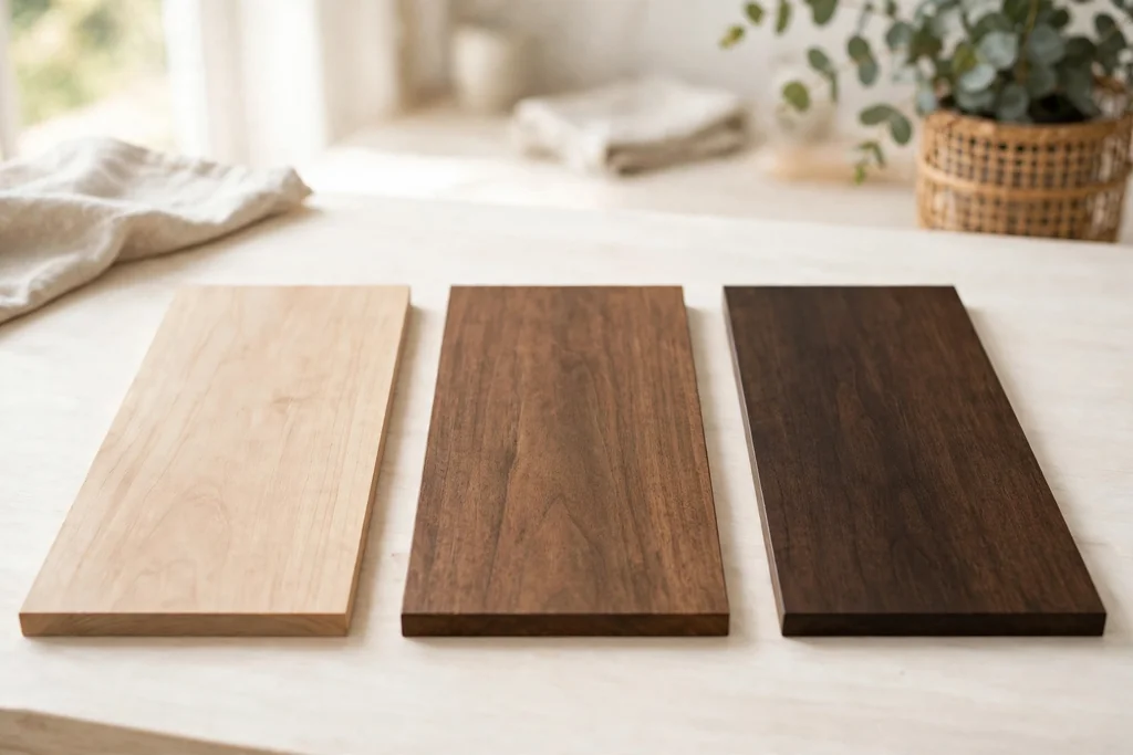 Wood sample boards in light, medium, and dark stain shades in a row.