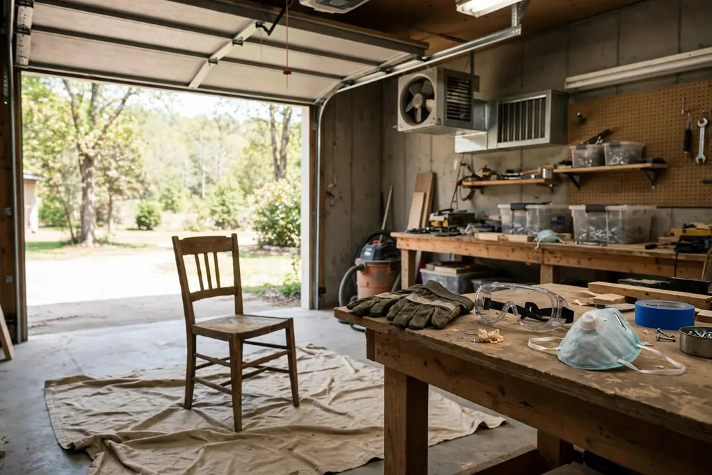 Ventilated garage workspace with a wood chair on a drop cloth and protective gear on a bench.