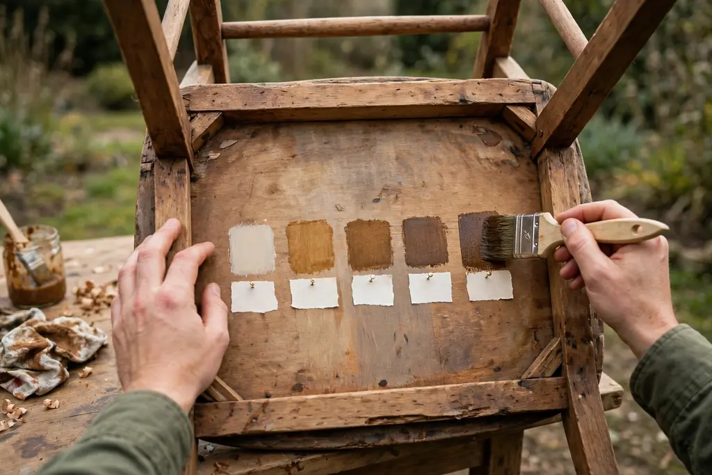 Hands brushing stain samples onto the underside of a wood chair seat.