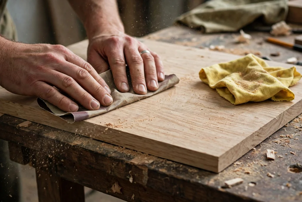 Hands sanding a wood tabletop with the grain in a workshop.