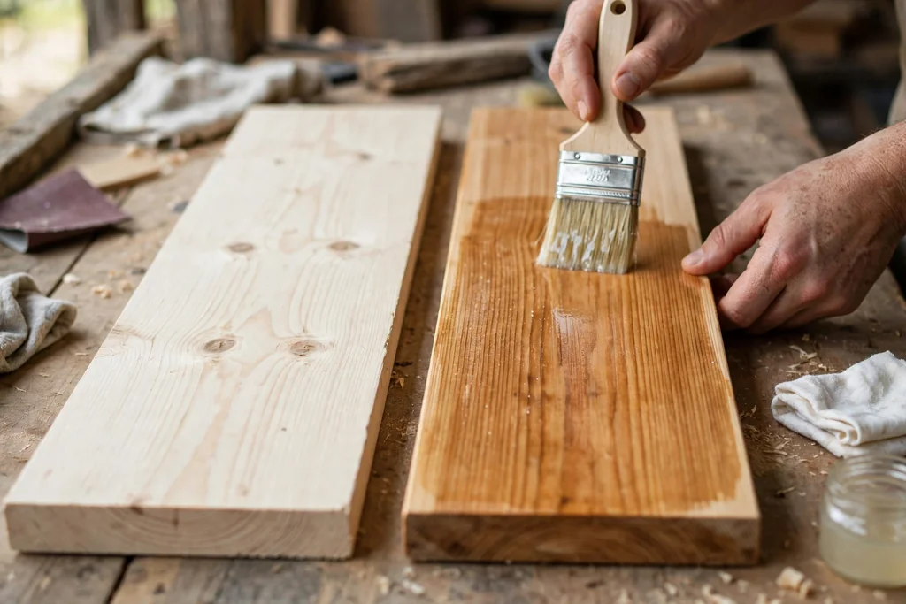 Hands brushing wood conditioner onto a pale pine board in a workshop.