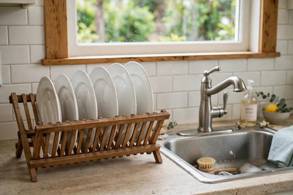 Classic slatted wooden dish rack holding upright white plates beside a kitchen sink.