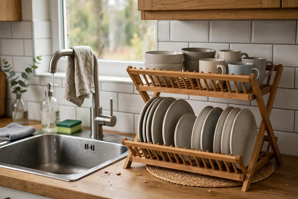 Two-tier wooden dish rack with plates on the lower tier and bowls and cups above beside a sink.