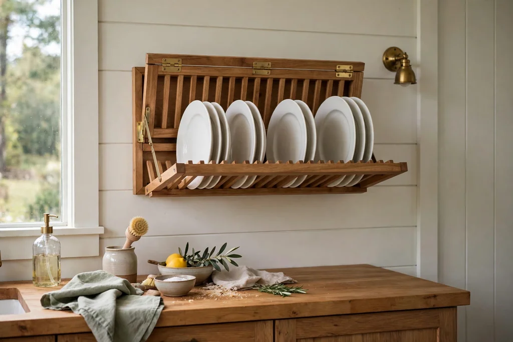 Wall-mounted fold-down wooden dish rack open on a kitchen wall above a counter.