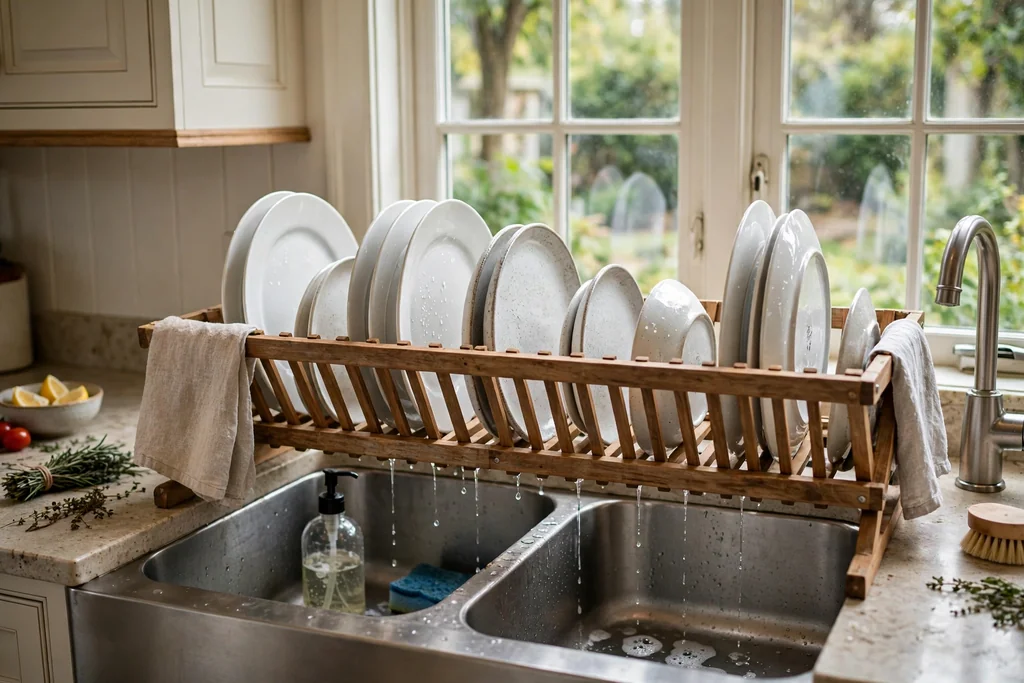 Wooden over-sink dish rack spanning a kitchen basin with plates drying above the sink.