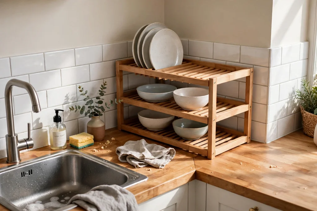 Corner wooden dish rack fitted into a kitchen counter corner beside a sink.