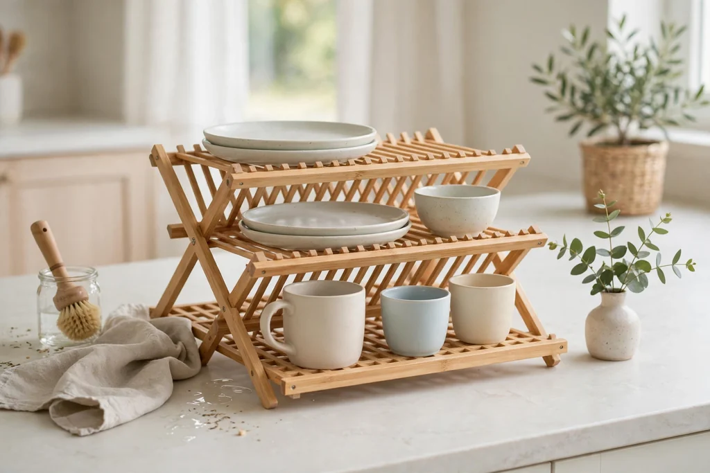 Light bamboo dish rack with plates and cups on a pale kitchen counter.