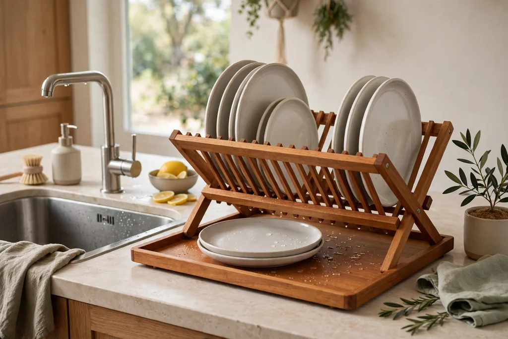 Teak dish rack with a matching teak drip tray holding plates beside a sink.