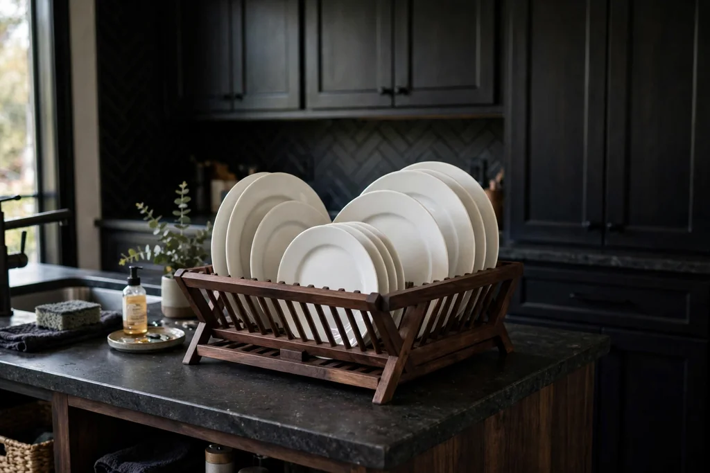 Dark walnut dish rack with white plates in a kitchen with dark cabinets.