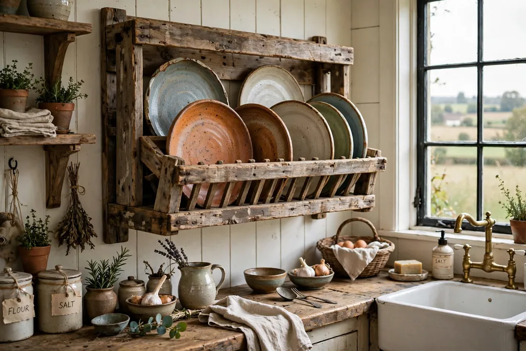 Rustic reclaimed wood dish rack with handmade pottery plates in a farmhouse kitchen.