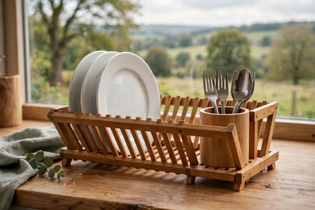 Wooden dish rack with a built-in cutlery cup holding forks and spoons upright.