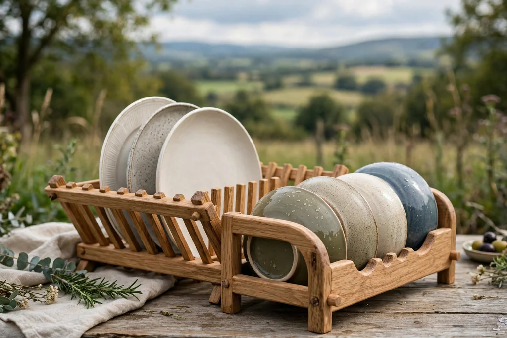 Wooden dish rack with plate slots and a bowl cradle holding upside-down bowls.
