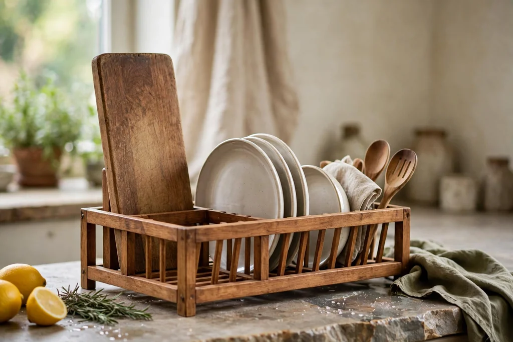 Wooden dish rack with a tall slot holding a chopping board upright beside plates.