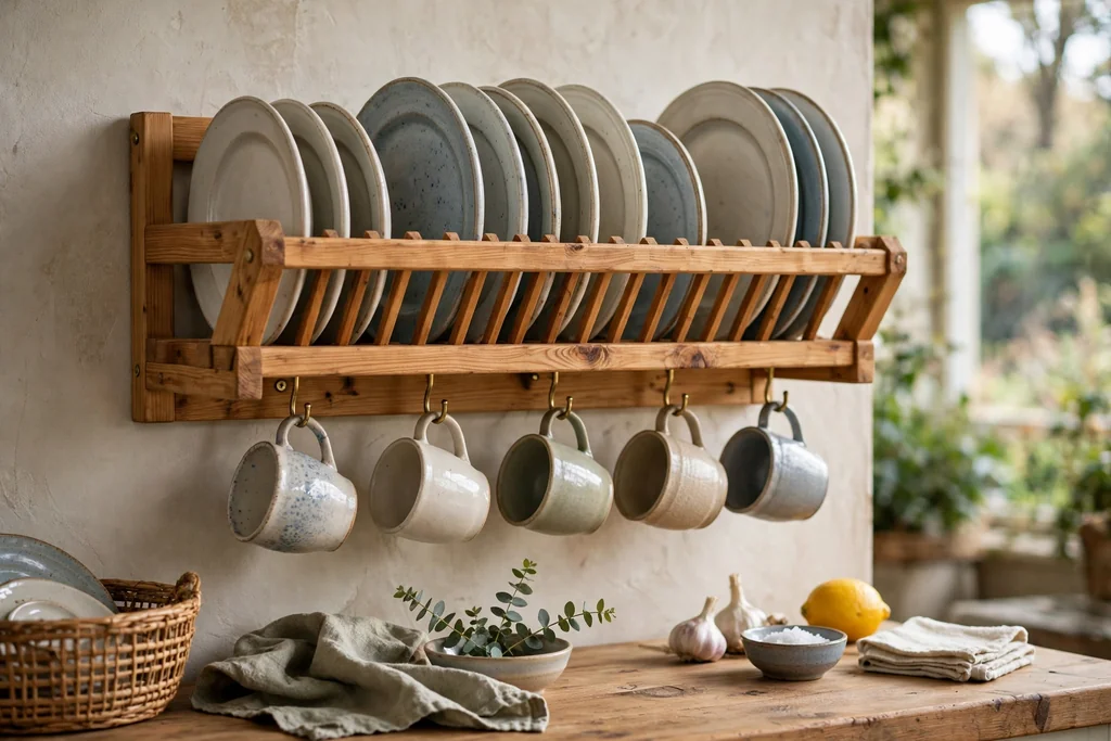 Wooden dish rack with cups hanging from hooks underneath the frame.