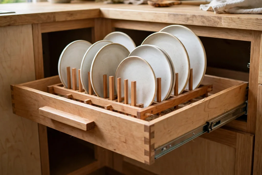 Pull-out kitchen drawer with a wooden dish rack insert holding plates upright.