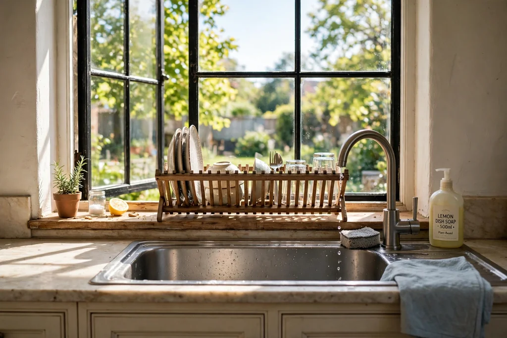 Narrow wooden dish rack on a sunny kitchen windowsill above a sink.