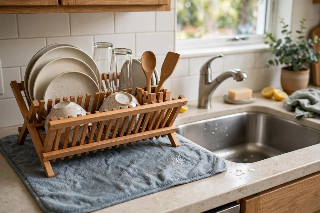 Wooden dish rack set on a drying mat beside a kitchen sink.