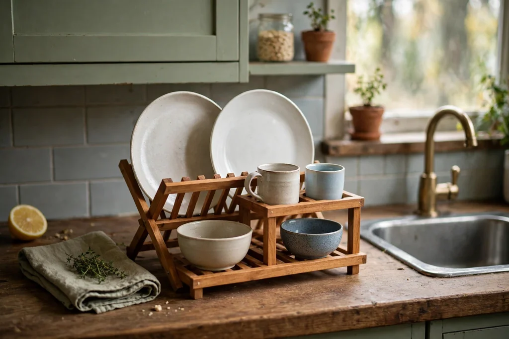 Compact wooden dish rack with a few plates, bowls, and cups in a small kitchen.
