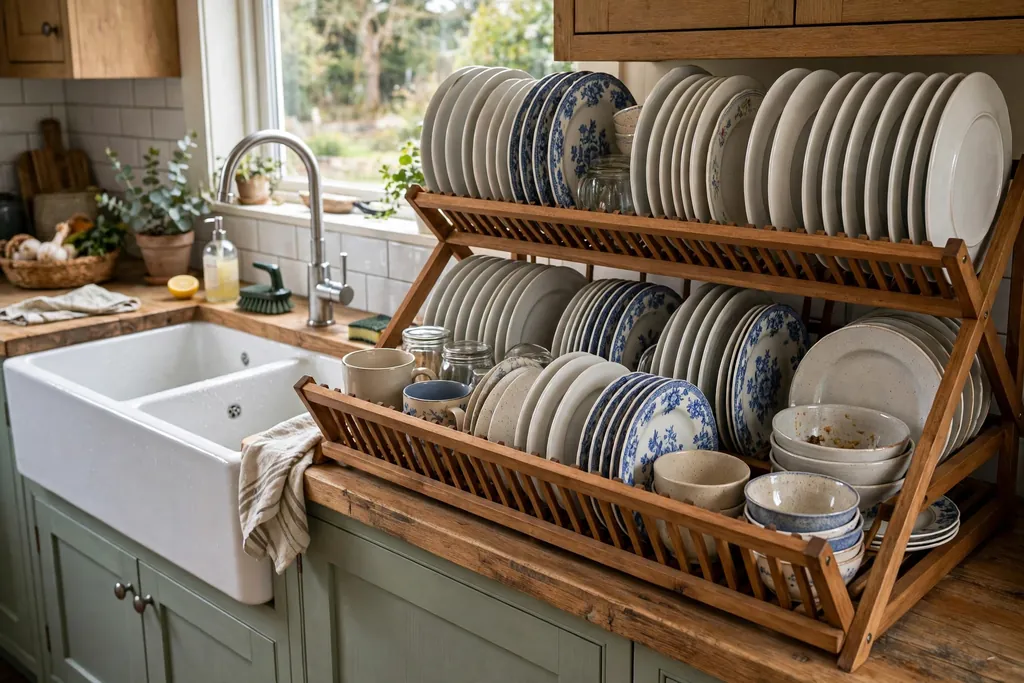 Wide wooden dish rack with extra plate rows full of family dishes beside a large sink.